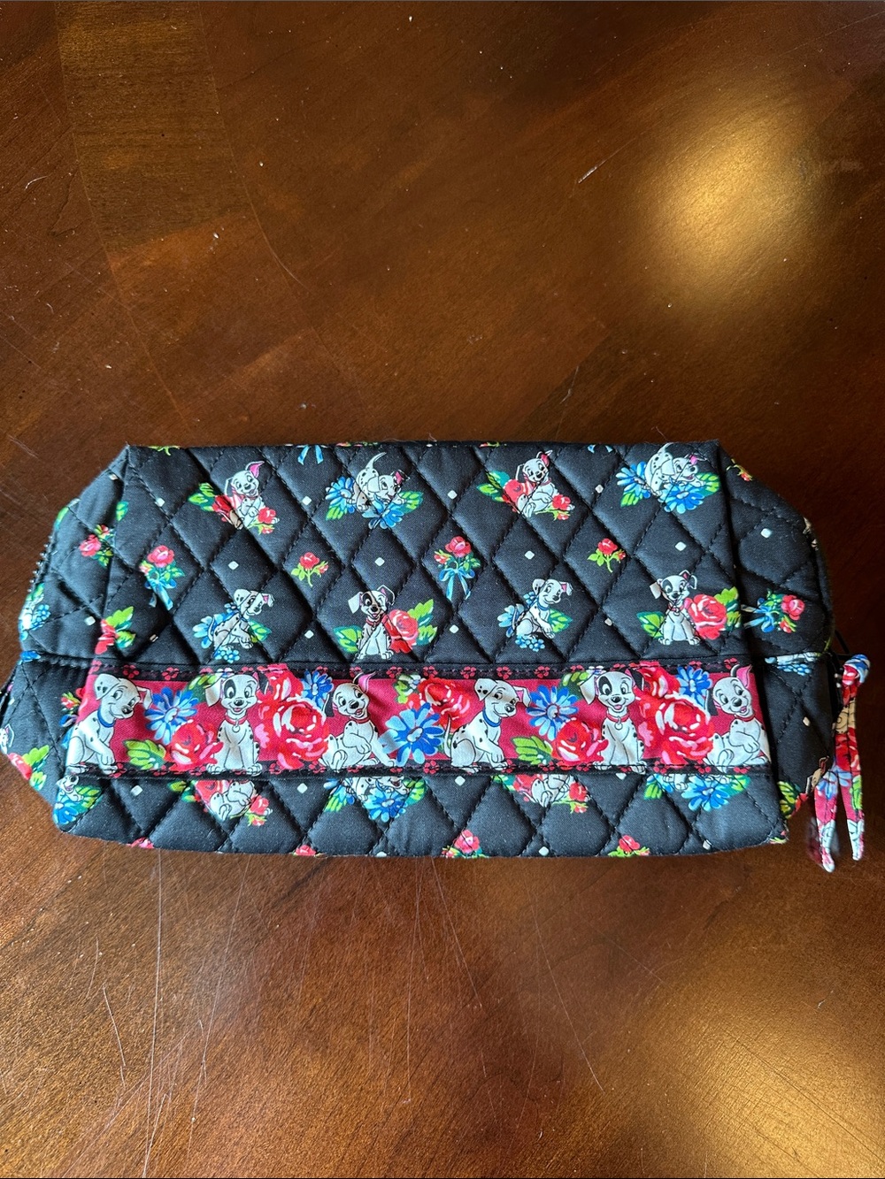 101 Dalmatians Quilted Small Cosmetic - Black with Red and Blue Floral